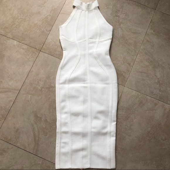 White Classy Sexy Midi Bodycon High Neck Dress - Picture 3 of 7